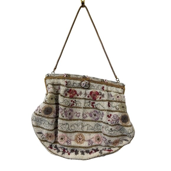 Vtg 50s Joyce Morgan Paris France Micro Beaded Metal Frame Mini Bag Purse Floral